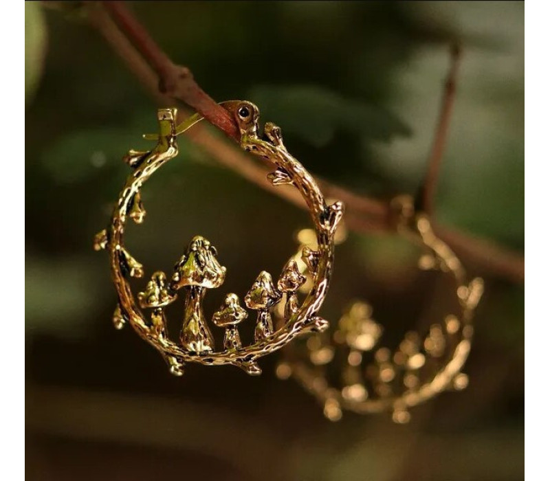 Серьги Ветка с грибами золотистая  3*2.5 см