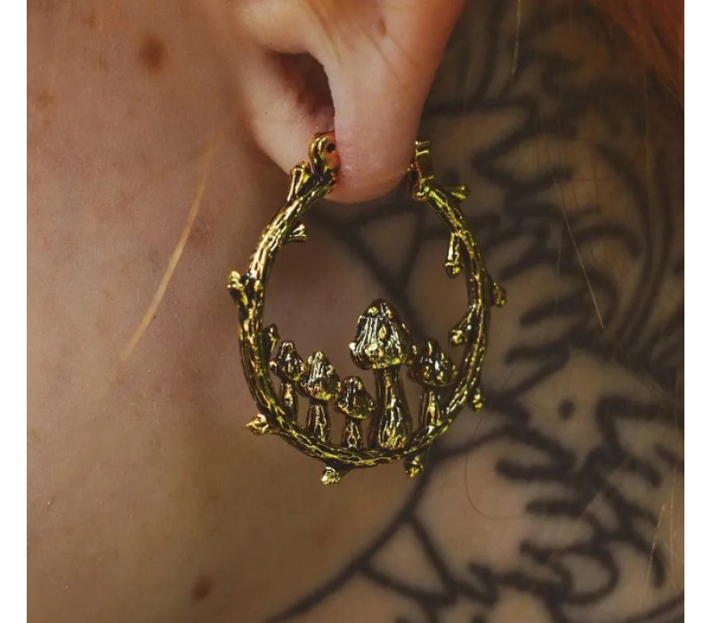 Серьги Ветка с грибами золотистая  3*2.5 см