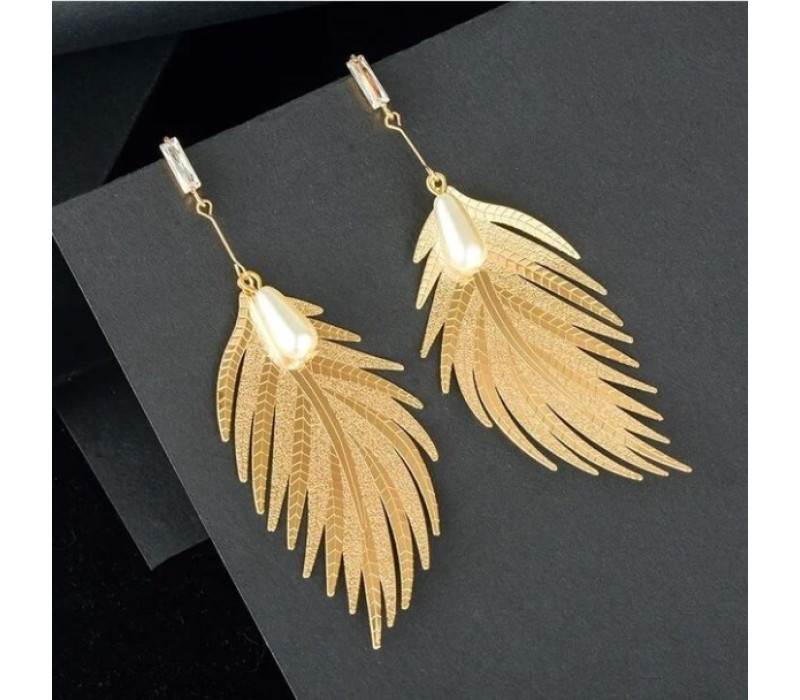 Висячие серьги перья, золотистого цвета, 8*3см