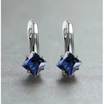 Серьги с синим цирконом, серебристые 1,7*1,3см