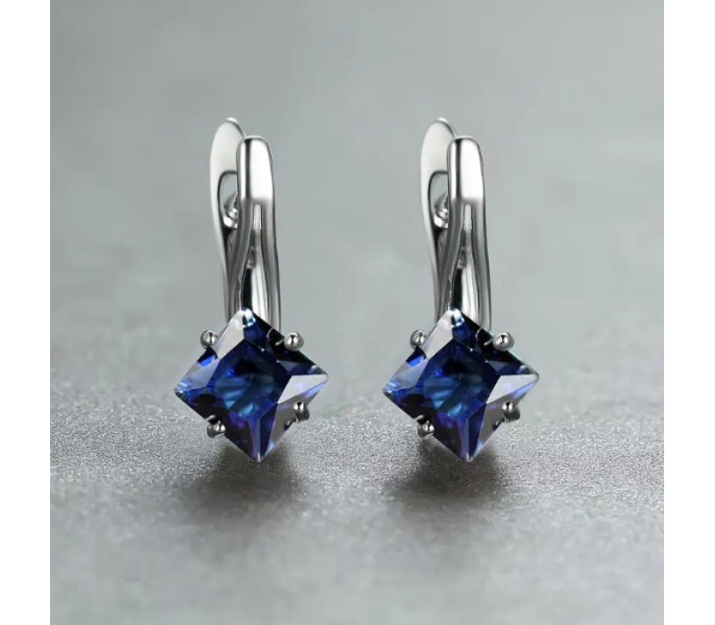 Серьги с синим цирконом, серебристые 1,7*1,3см