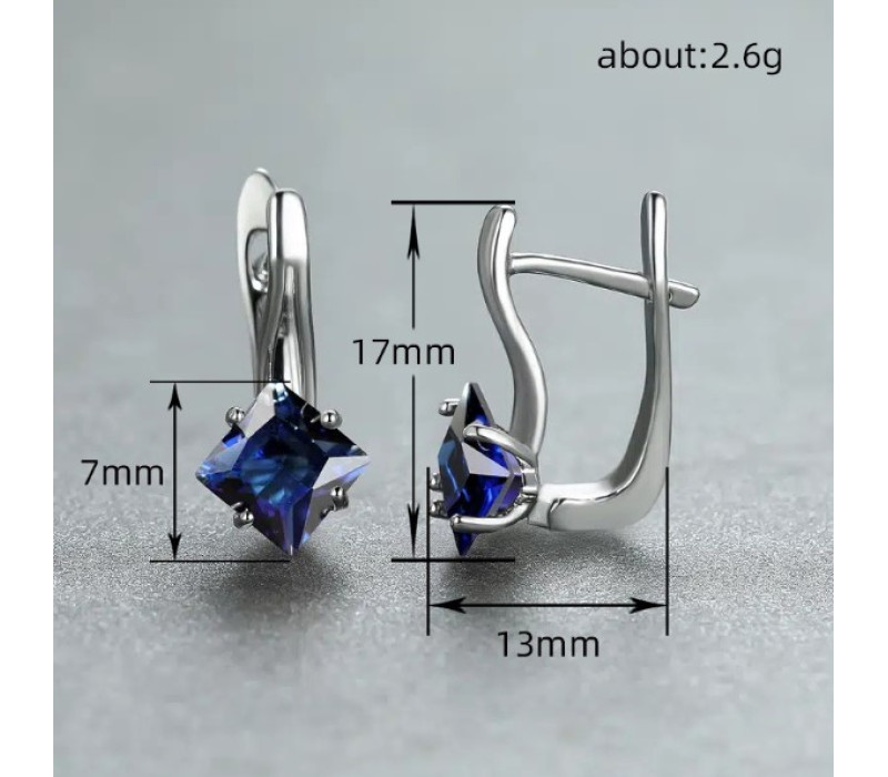 Серьги с синим цирконом, серебристые 1,7*1,3см