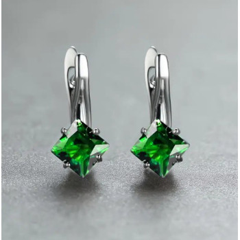 Серьги с зеленым цирконом, серебристые 1,7*1,3см