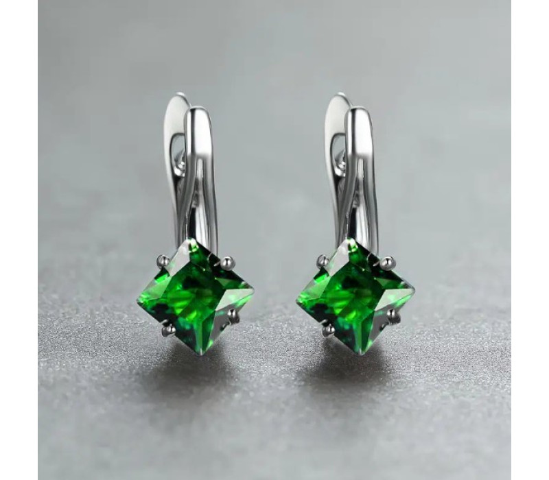 Серьги с зеленым цирконом, серебристые 1,7*1,3см