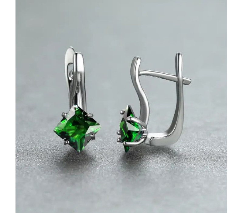 Серьги с зеленым цирконом, серебристые 1,7*1,3см