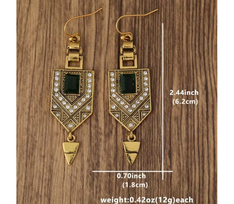 Серьги - подвески Клеопатра в стиле бохо с зелеными камнями, 6,2*1,8см