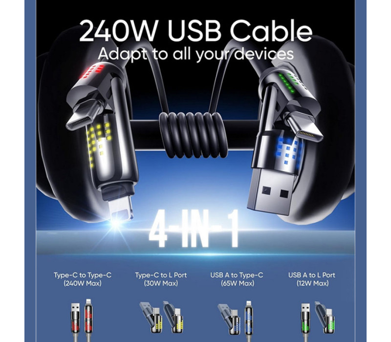 Универсальный кабель для быстрой зарядки 240W 4-в-1: Type-C to Type-C, Type-C to Lightning, Lightning to USB-A 1.2м black