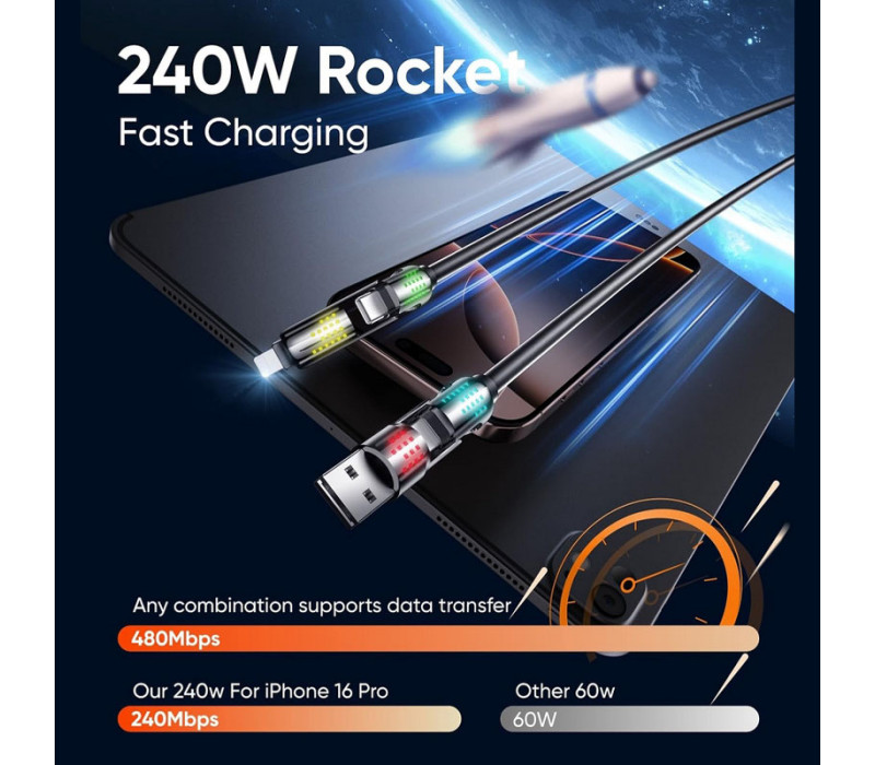 Универсальный кабель для быстрой зарядки 240W 4-в-1: Type-C to Type-C, Type-C to Lightning, Lightning to USB-A 1.2м black