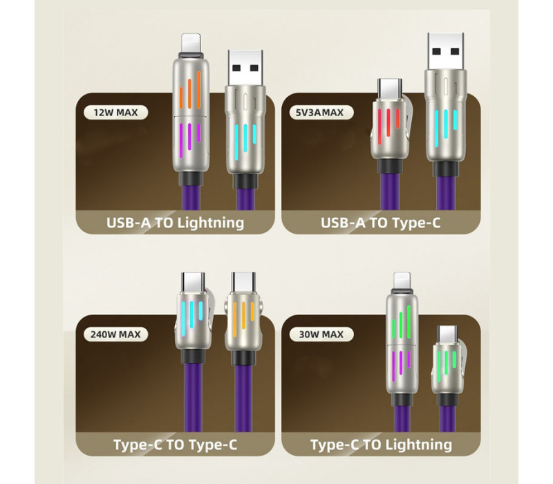Универсальный кабель для быстрой зарядки 240W 4-в-1: Type-C to Type-C, Type-C to Lightning, Lightning to USB-A 1.2м