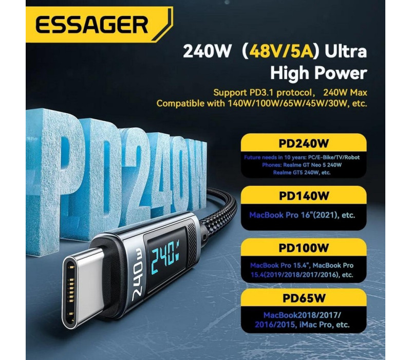 Кабель Essager USB Type-C - USB Type-C 240W/5A PD 3.1 1м