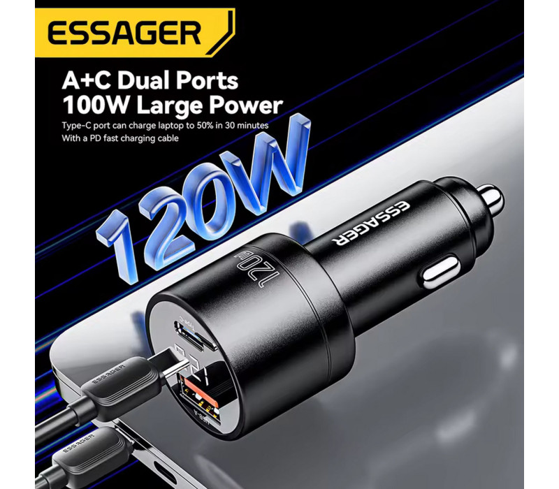 Автомобильное зарядное устройство Essager 120 Вт PD Super Fast Charger QC 4.0 PD 3.0