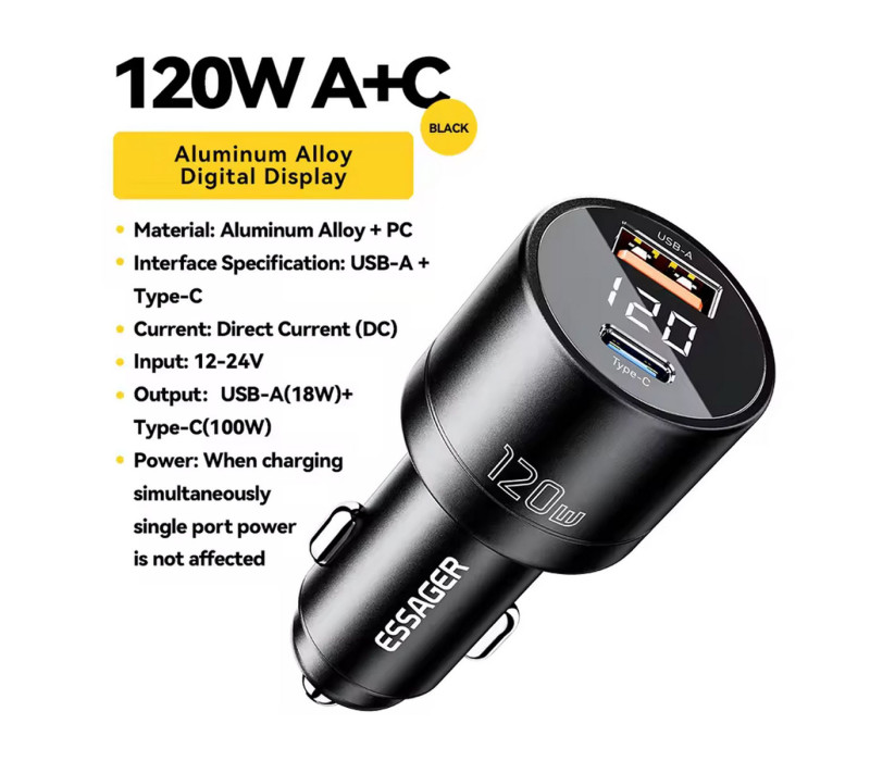 Автомобильное зарядное устройство Essager 120 Вт PD Super Fast Charger QC 4.0 PD 3.0