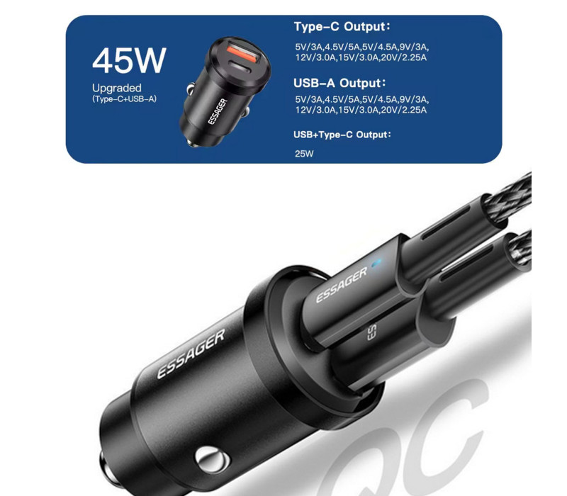 Автомобильное зарядное устройство Essager 45W/30W USB Type-C Quick Charge 4.0 PD 3.0 SCP