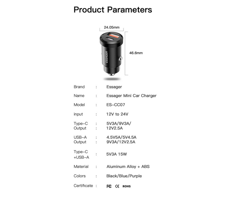 Автомобильное зарядное устройство Essager 45W/30W USB Type-C Quick Charge 4.0 PD 3.0 SCP