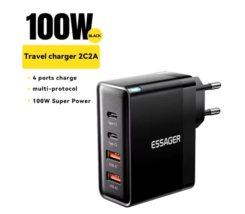 Essager GaN 100W Быстрая Зарядка 2C2A PD+QC3.0