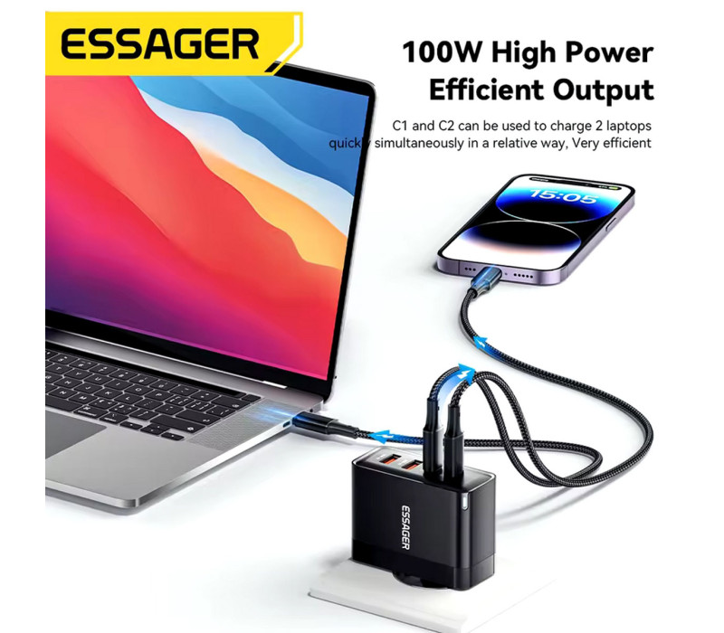 Essager GaN 100W Быстрая Зарядка 2C2A PD+QC3.0