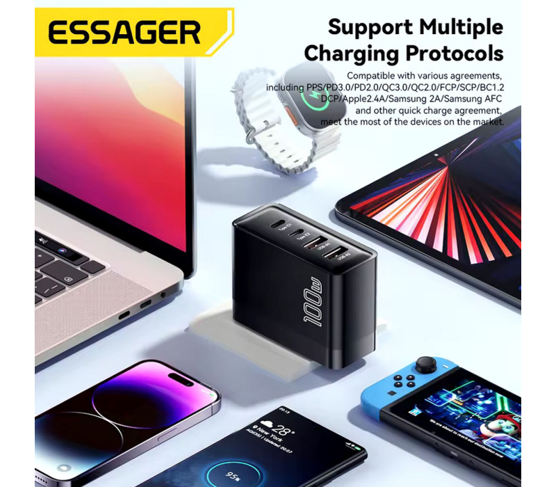Essager GaN 100W Быстрая Зарядка 2C2A PD+QC3.0