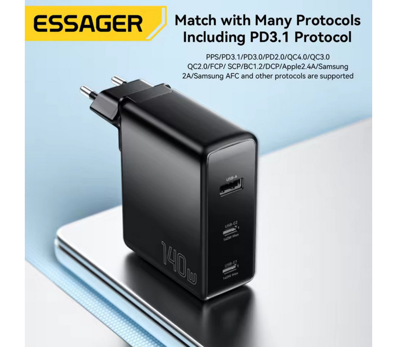 Essager GaN 140W Быстрая Зарядка 2C1A PD3.1+QC3.0