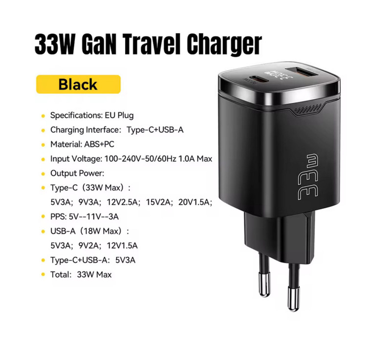 Essager GaN 33W Быстрая Зарядка USB-C PD+QC3.0 black