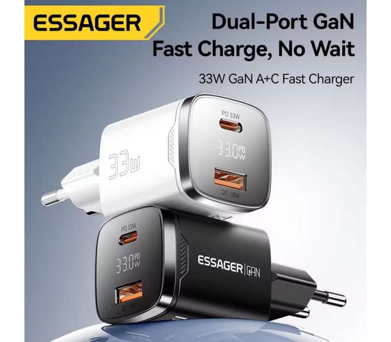 Essager GaN 33W Быстрая Зарядка USB-C PD+QC3.0 black