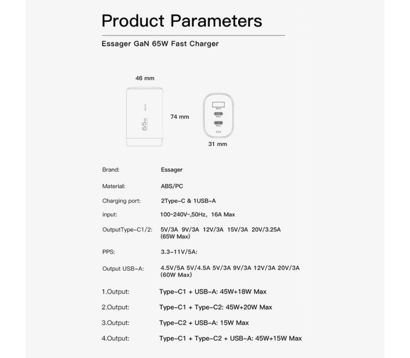 Универсальная быстрая зарядка Essager GaN 65W PD+QC3.0 black