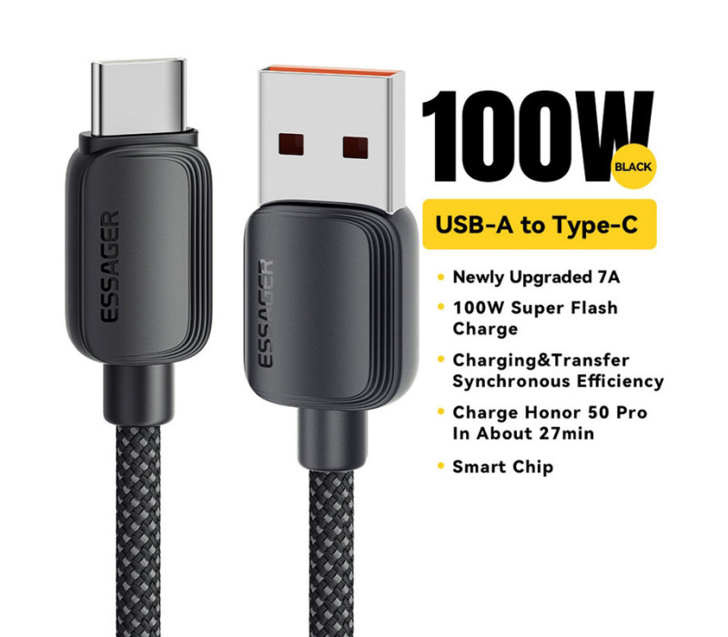 Кабель Essager Weilan USB-A - Type-C 100W/7A Fast Charging Cable 1м black