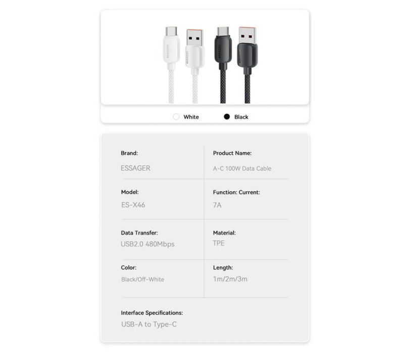 Кабель Essager Weilan USB-A - Type-C 100W/7A Fast Charging Cable 1м black