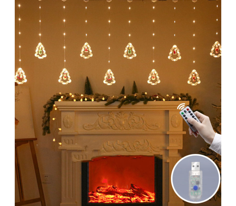 Гирлянда USB LED штора с новогодними фигурками, теплый свет, 8 режимов, 3м