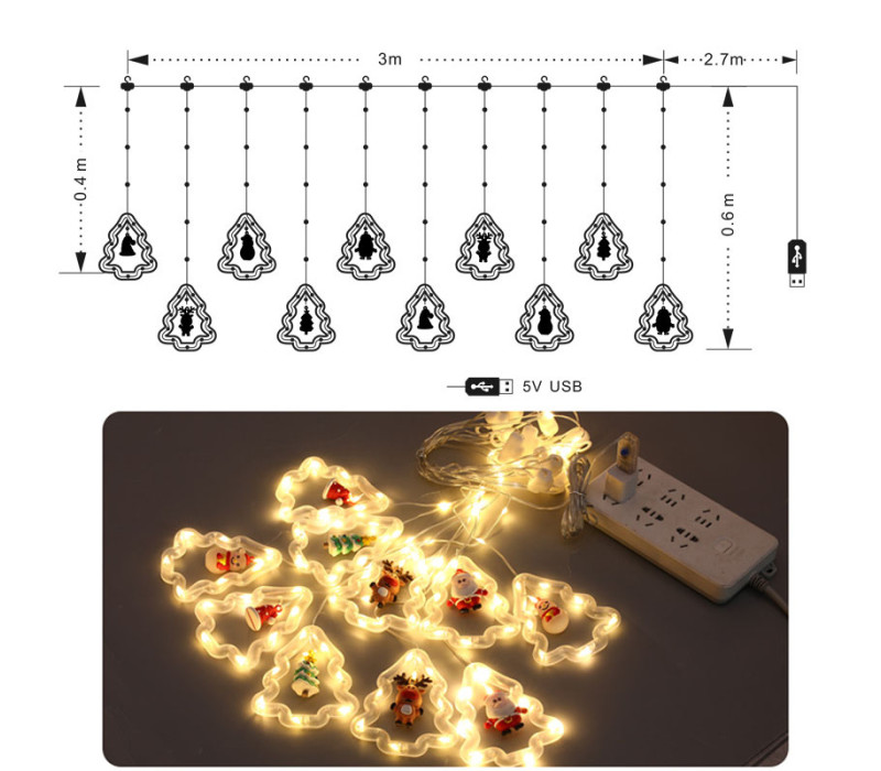 Гирлянда USB LED штора с новогодними фигурками, теплый свет, 8 режимов, 3м