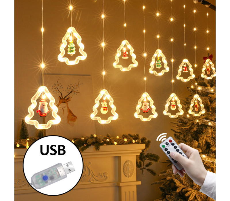 Гирлянда USB LED штора с новогодними фигурками, теплый свет, 8 режимов, 3м
