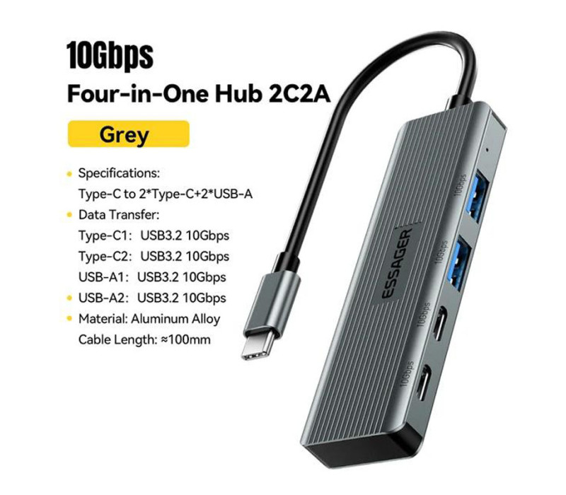 USB хаб Essager 4 In 1 Type C To USB 4 порта USB3.2 Gen 2 10Gbps