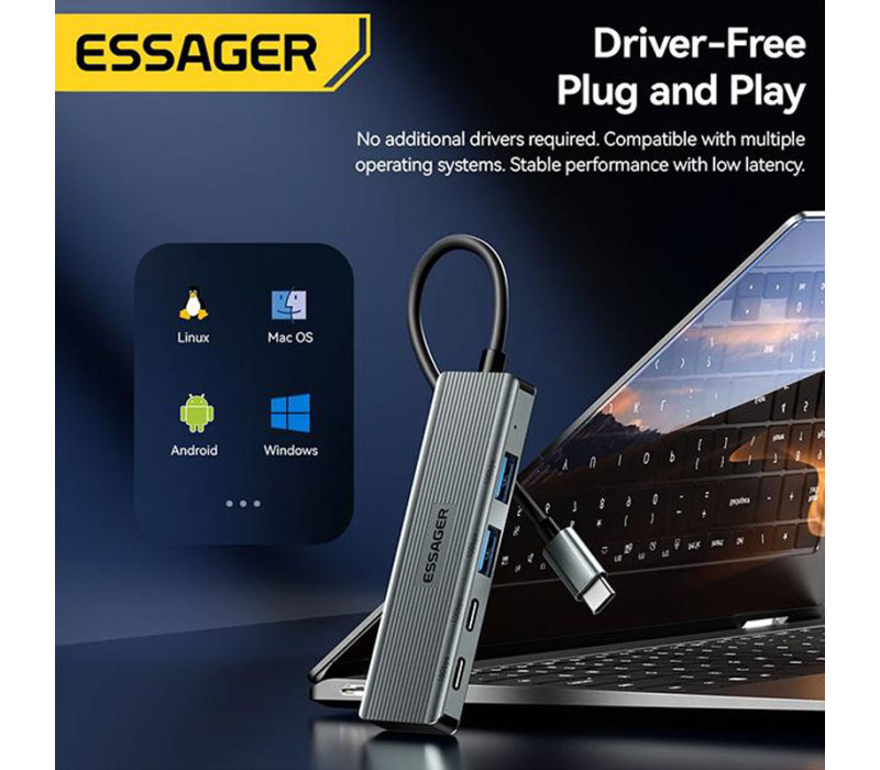 USB хаб Essager 4 In 1 Type C To USB 4 порта USB3.2 Gen 2 10Gbps