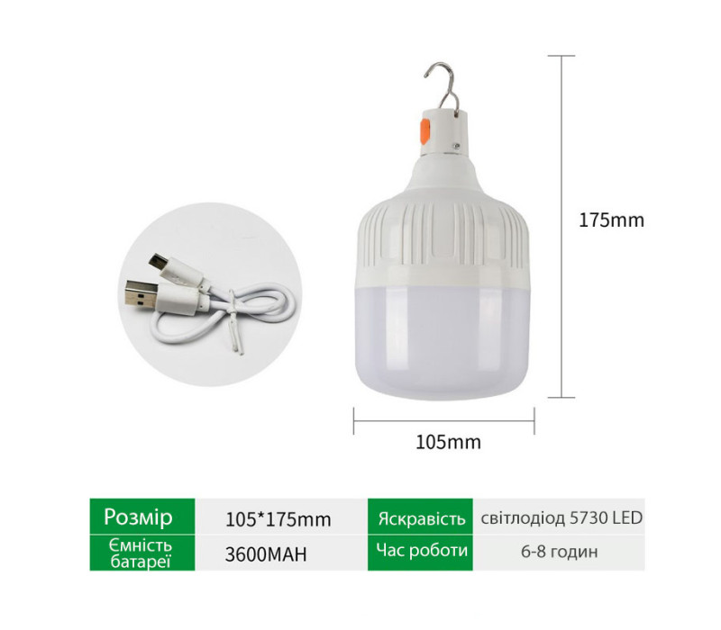 Большая портативная LED лампа фонарик для кемпинга 3600mAh, 200W
