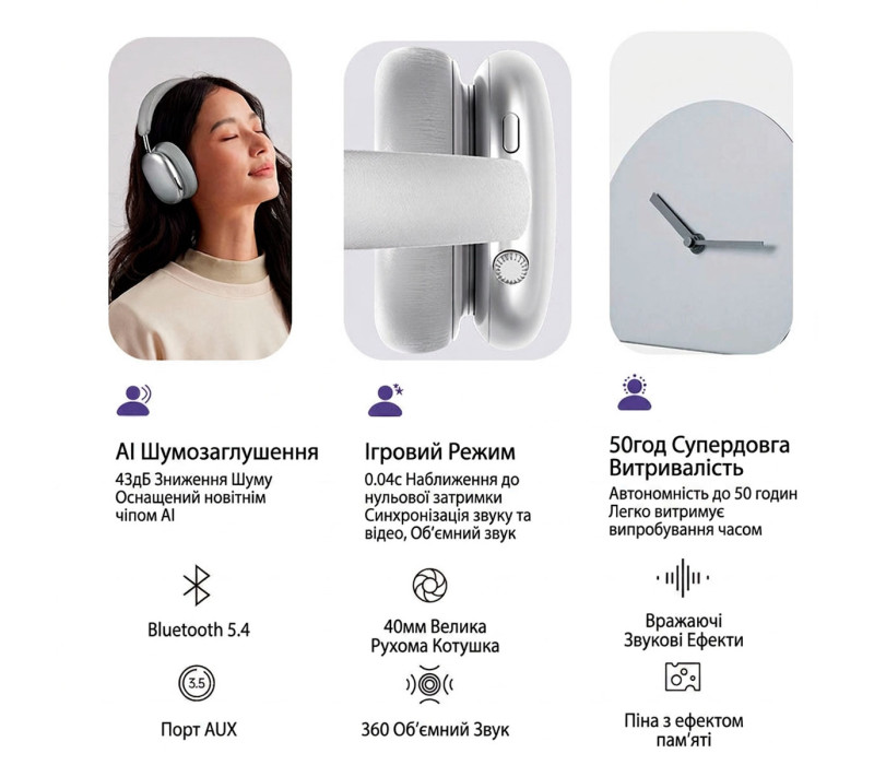 Беспроводные наушники Fingertime BT069NC с активным шумоподавлением Bluetooth 5.4, AI ANC 43dB, до 50 часов автономности цвет Серебристые