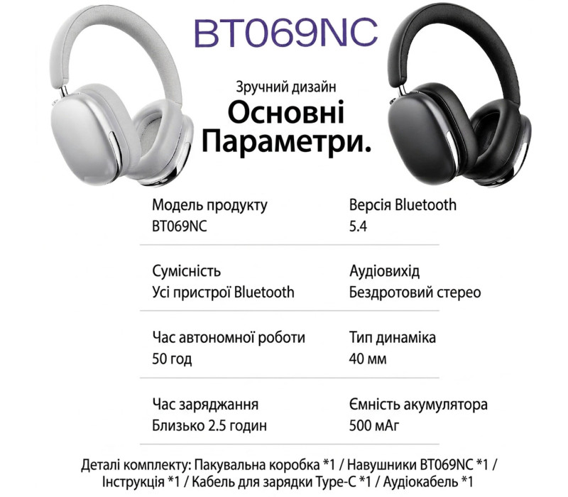 Беспроводные наушники Fingertime BT069NC с активным шумоподавлением Bluetooth 5.4, AI ANC 43dB, до 50 часов автономности цвет Серебристые